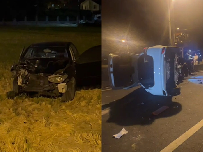 宜兰市黎明路，今（21日）晚7时许发生恐怖对撞车祸，2辆车在狭窄道路中高速对撞，白车当场侧躺路中，黑车则衝进农田里，一共造成2车4女受伤。（翻摄照片）