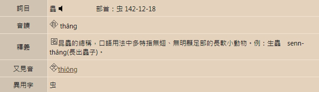 虫的台語唸法。（圖／翻攝自教育部台灣閩南語常用詞辭典網站）