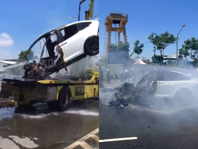 當時救出2人的工人稱火勢蔓延很快，他拉出林志穎後不到5秒駕駛座就起火，而林倒在路旁還有民眾幫忙架雨傘為他遮陽。（翻攝照片）