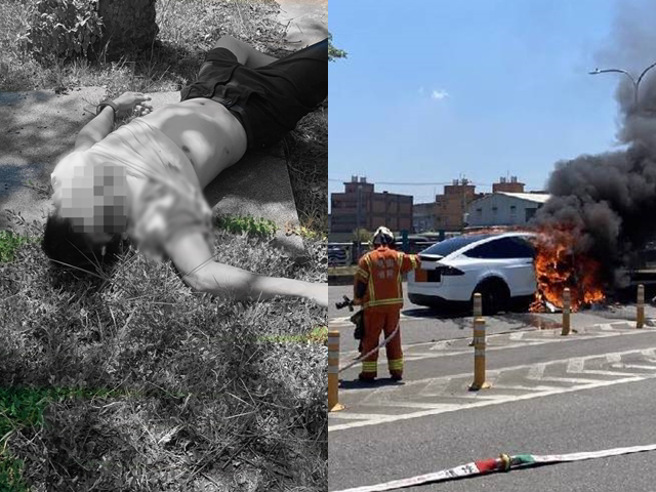 该辆特斯拉model x上午10点50分从桃园芦竹区中正北路往桃园方向行驶，车速虽不快，但车辆却「突然右偏」撞到机车分隔岛着火，民眾见状上前将林志颖父子拉出车外。（翻摄照片）