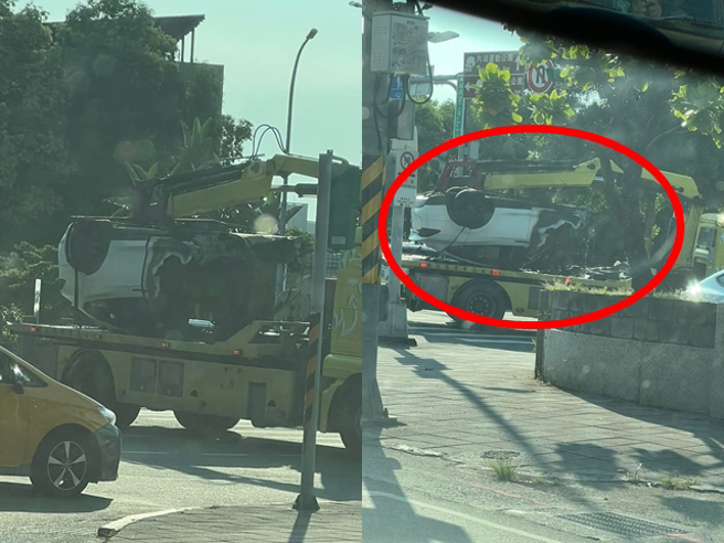 网友当天下午在内湖地区发现疑似林志颖的Model X被载往内湖特斯拉公司，照片可见该车车头已不见，车身留下惊悚烧焦痕。（翻摄自脸书社团「Tesla Taiwan 特斯拉 台湾」）