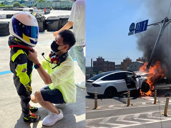 林志颖日前曝光儿子同框照，他当时为儿子整理赛车装，身上衣物还巧合地与昨日穿着完全一样，儿子获救后第1句话说「没办法参加比赛了」惹心疼。（翻摄自林志颖IG、翻摄照片）