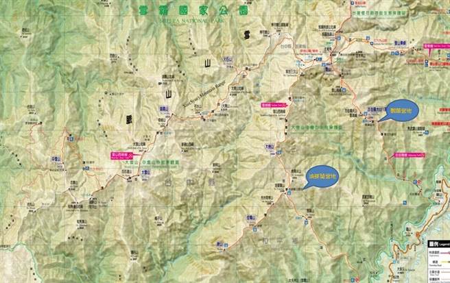 雪管處在油婆蘭及瓢簞等2個營區新建山屋位置圖。（雪管處提供／謝明俊苗栗傳真）