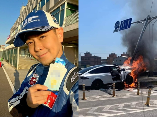 林志颖驾驶的特斯拉model x昨(22)日上午10时许在桃园芦竹区中正北路上自撞分隔岛起火，资深摄影师吴明政与桃捷工人立即救援。（翻摄照片）