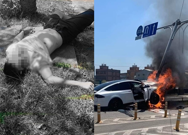 林志颖驾驶的特斯拉model x昨(22)日上午10时许在桃园芦竹区中正北路上自撞分隔岛起火，资深摄影师吴明政与桃捷工人立即救援。（翻摄照片）