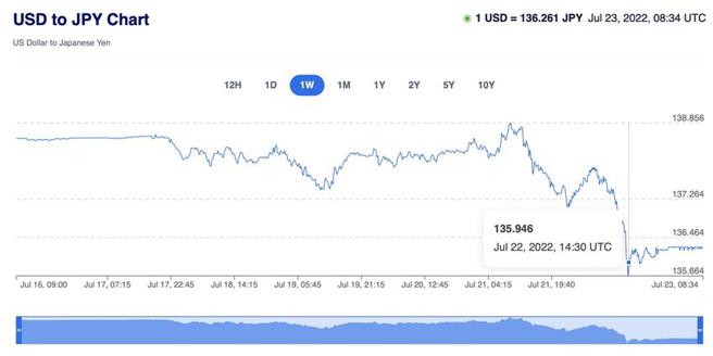 （美元對日圓匯率7/22盤中一度來到135.664。資料來源／xe.com）