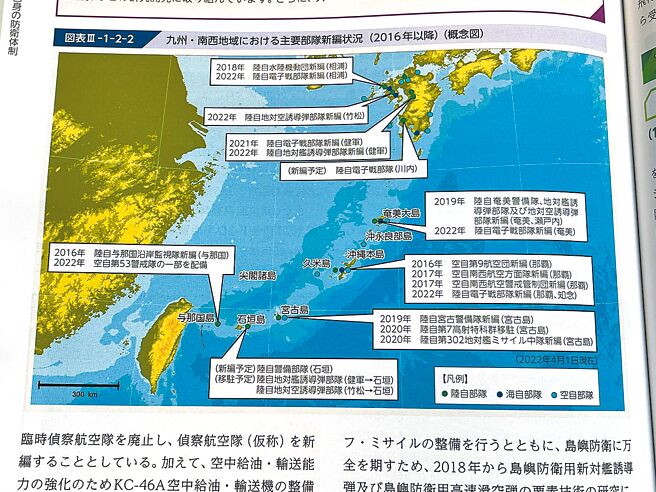 日本2022年版防卫白皮书记载，为因应安保环境的变化，预定于年底修订「国家安全保障战略」等。图为日本加强西南群岛的防卫部署。（中央社）
