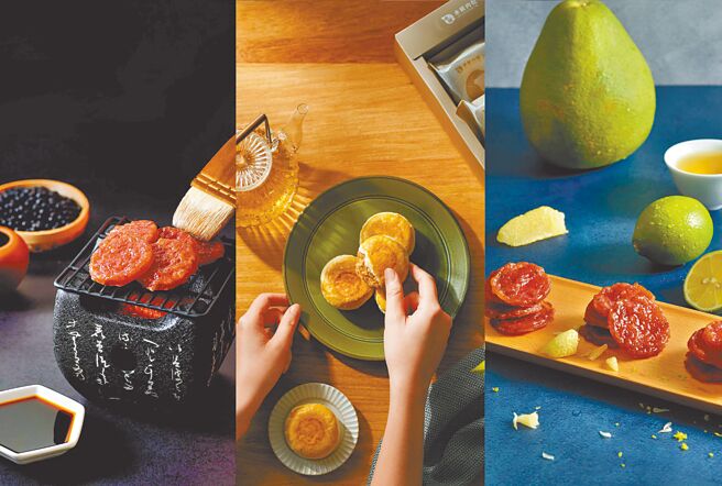 水根肉乾推出秋夕福气三入组合，内有「台味酱烧肉乾」、「千层酥松饼」及中秋限定的「柚香圆烧猪肉乾」。图／水根肉乾提供