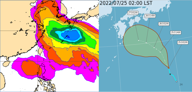 最新(24日20时)欧洲(ECMWF)系集模式，模拟周五(29日20时)琉球附近机率最高达70%以上，距离台湾愈近、机率愈低(左图)。最新(25日2时)中央气象局「路径潜势预测图」(右图)亦显示类似的看法。(翻摄自「三立准气象· 老大泄天机」)

