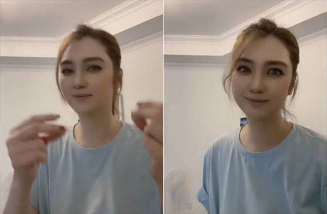 洪欣頂濃妝又開超重濾鏡，讓她五官、臉蛋變形。（圖／取材自洪欣抖音）