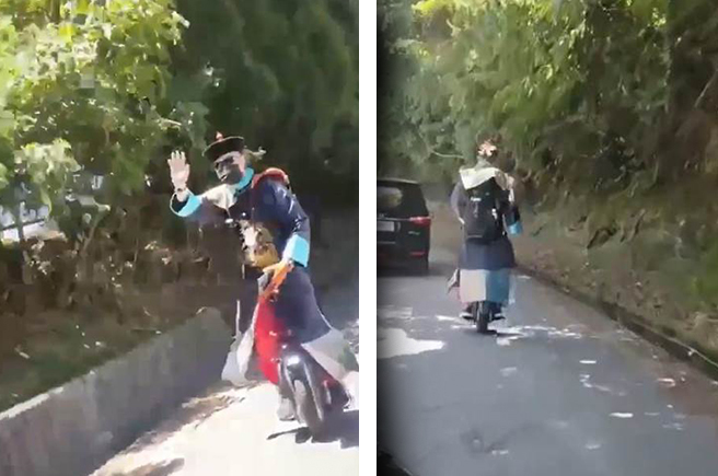 北宜公路上出现一名扮成殭尸的男子，骑乘电动单轮车在道路上，还不时对路过车辆挥手。（民眾提供／吴佩蓉宜兰传真）