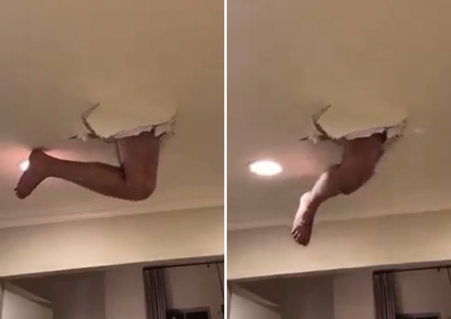 一名男子正在用餐，没想到楼上住户竟一脚踩破他家的天花板。（图／翻摄自脸书社团爆废公社二馆）