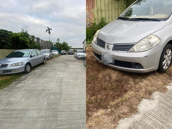 1名网友抱怨自家私人土地日前一次被14辆轿车擅自停入，其中几辆车还停在草坪上，其他网友也纷纷建议他「用铁炼围起来，然后出门玩一个礼拜」。（翻摄自脸书「爆料公社二社」）