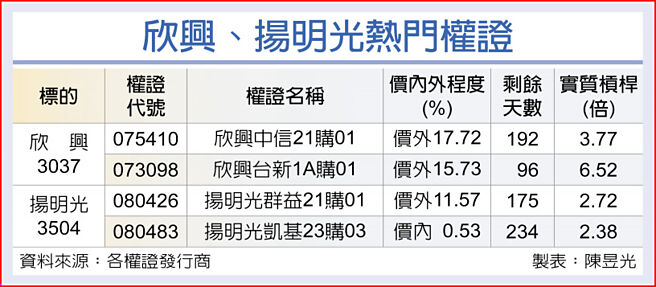 欣興、揚明光熱門權證