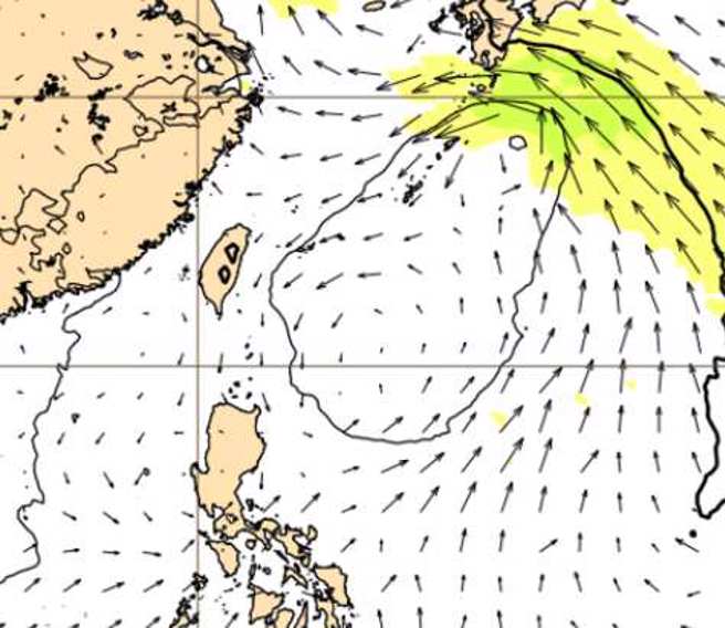 最新(25日20時)歐洲(ECMWF)模式，模擬周五(29日)20時1000百帕等高線及風場圖顯示，台灣東方為「季風環流」(monsoon gyre)型態，「熱帶擾動」繞至環流的東北側。(翻攝自三立準氣象· 老大洩天機)

