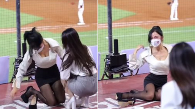 巫苡萱应援时，疑似高跟鞋的鞋跟陷地板，整个人摔倒在地。（图／巫苡萱 IG）