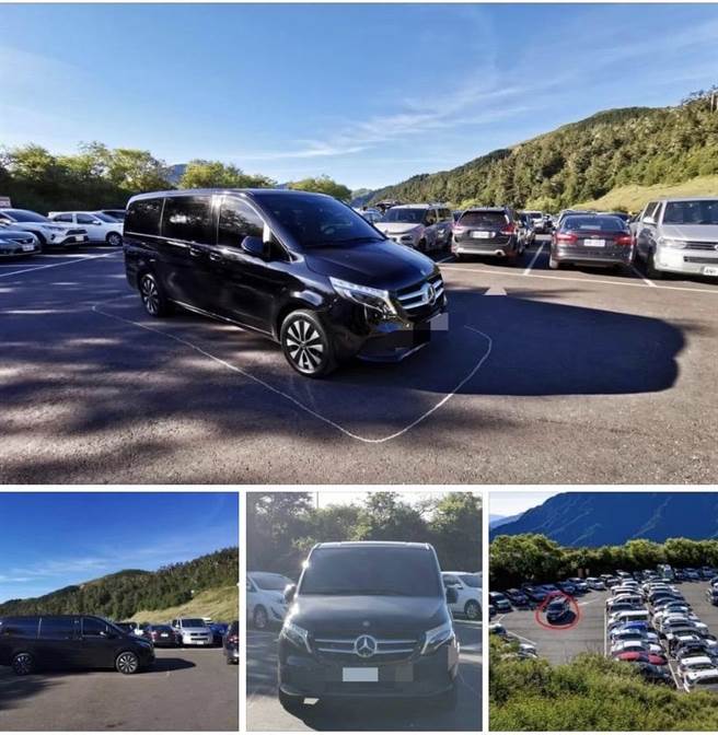 合欢山小风口停车场停满车，这辆宾士车驾驶竟然「拿石头自己画」停车格，已被警方开到告发。（翻摄自靠北登山大小事）