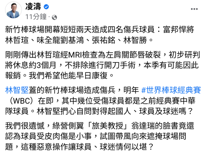 林哲瑄在新竹棒球場撲接受傷，桃園市議員參選人凌濤匹林智堅對得起國人、球員及球迷嗎？（摘自臉書）