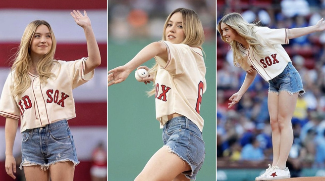 Sydney Sweeney站在投手丘上开球。(图/Sydney Sweeney IG)