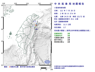 宜蘭規模3.7地震 最大震度3級