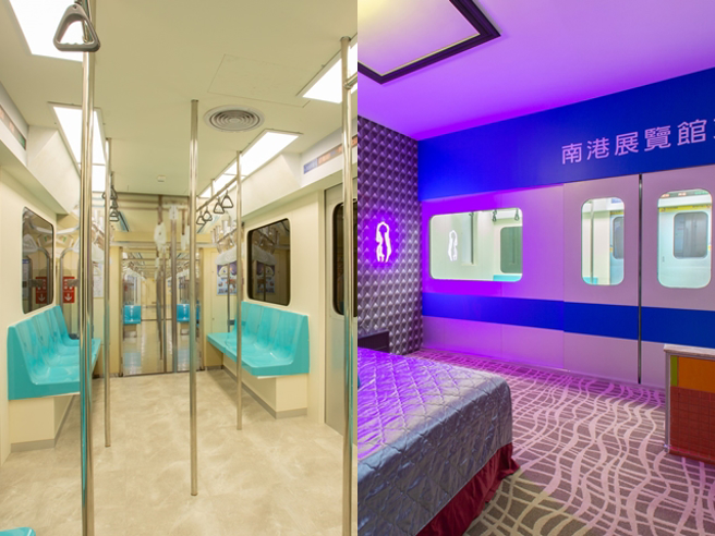 1名女网友日前发现新北某摩铁设有多种主题房型，其中最吸睛的是捷运主题，直接在房间内设立逼真的捷运车厢，连座椅、扶手、拉环都有。（翻摄自该摩铁脸书粉专）
