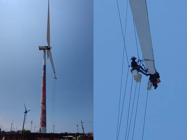 1名網友在1處風力發電機的葉片上發現有2名人員疑似在做清潔、維修，2人身上雖有多條安全繩，但烈日下在如此高空作業仍讓人捏冷汗。（翻攝自臉書「爆廢公社」）