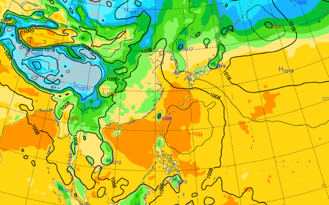 未来一周季风环流主导台湾天气，颱风无直接影响。（中央气象局提供）