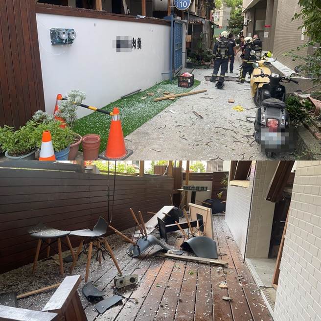 北区一家肉羹店今天清晨气爆，波及周遭7车。（翻摄照片／张亦惠台中传真）