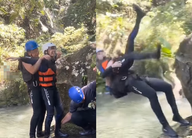 正妹参加溯溪活动，竟被教练「炸弹摔」，围观友人还大声欢呼。（翻摄自脸书爆废公社）