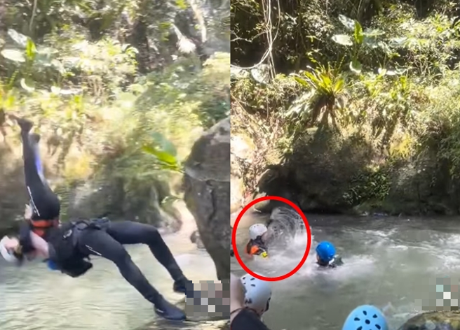 正妹参加溯溪活动，竟被教练「炸弹摔」，围观友人还大声欢呼。（翻摄自脸书爆废公社）