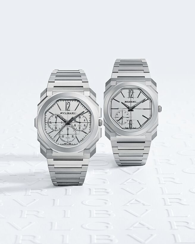 针对Octo 10周年发表的限量作品，左为超薄两地时间计时码表58万9000元，右为超薄自动腕表47万8500元，均以手绘稿做为面盘设计。（宝格丽提供）