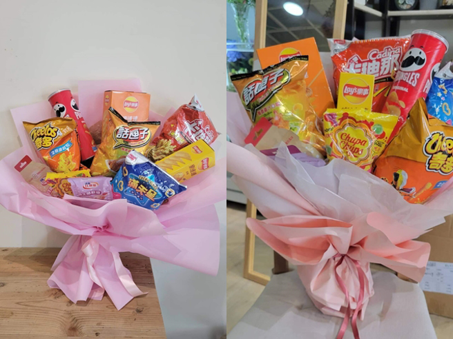 女网友到花店订购「零食花束」，当时店家开价1千，月底她取货时一看成品相当粗糙，店家还反呛「包成这样，还在那边嫌，不爽卖你，我就是嚣张」。（翻摄自脸书「爆怨公社」）