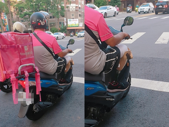 台中有网友在路上目击1名右脚是义肢的外送员在骑车送餐，拍下照片说「想跟他说他很棒」，吸引上万人按讚留言。（翻摄自脸书「路上观察学院」）