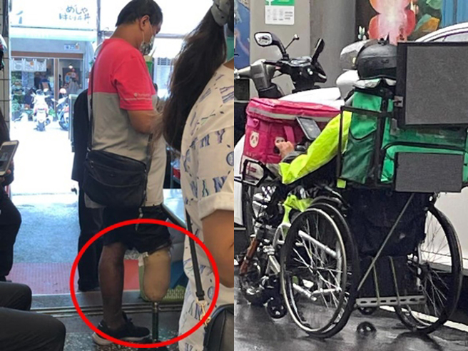 先前也名网友在脸书「爆废公社」贴出1名外送员右脚装义肢，顶着大热天仍帮民眾排队取餐送单的照片，留言写下「外送员辛苦了」。（翻摄自脸书）