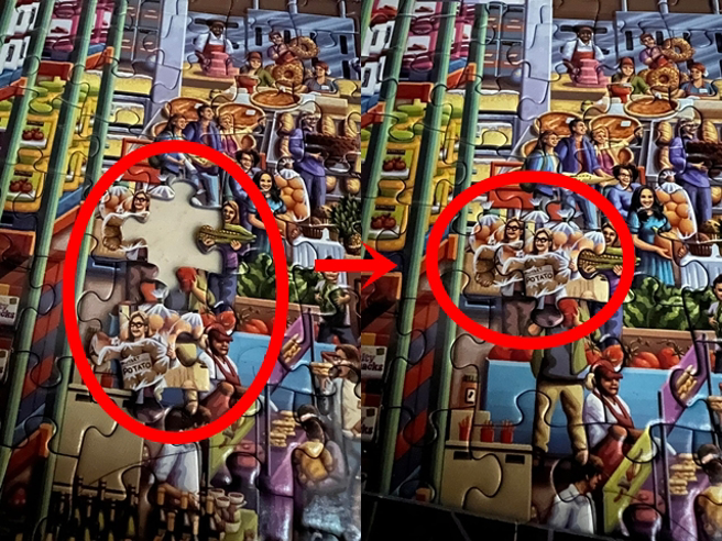 拼图少1片，客服回应寄新的拼图，由该网友找到缺的该片，该网友之后真的找到该片，但拚上却傻眼了，因为图案对不上，上头人物当场复制成双胞胎。（翻摄自脸书社团「Costco好市多商品经验老实说」）