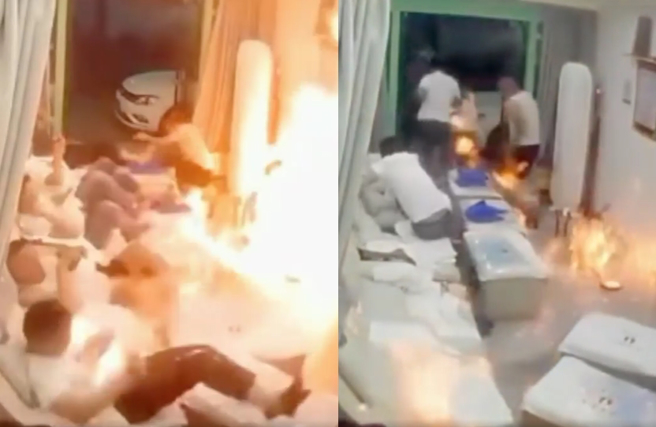 大陆江苏省一处足疗店去年有名女员工补充酒精灯时，意外引发火灾，整间店陷入火海。（翻摄自脸书社团《爆废公社公开版》）