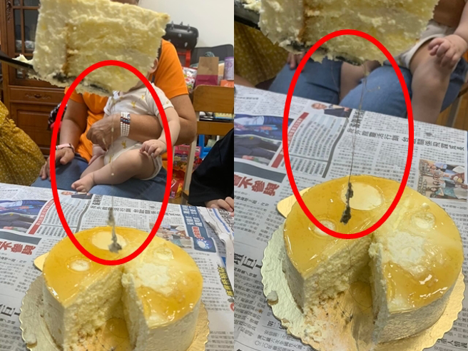 雲林1名民眾昨晚（30）在當地知名連鎖咖啡廳買蛋糕，切開後發現裡頭竟夾著「一大撮長髮」，幾乎3、4根髮糾結一團，還夾雜著灰塵。（翻攝自臉書「爆料公社」）