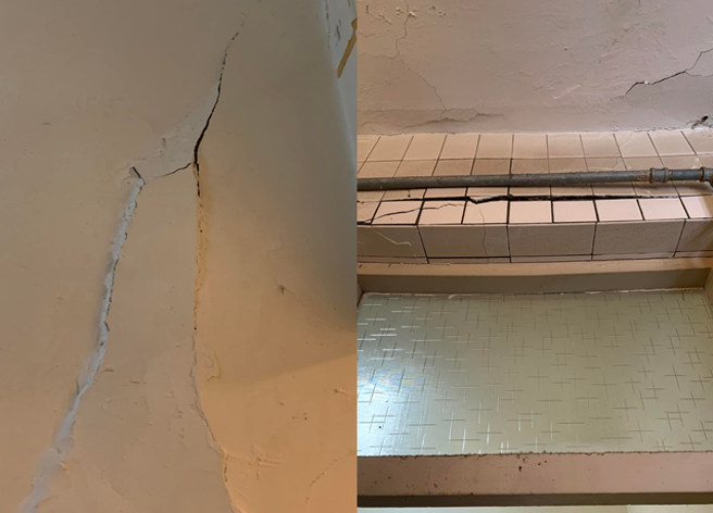 男子因为楼上在施工隔套房，住家出现「墙壁凸出、窗框下凹」，让他不禁吓喊「会不会出现天残脚」。（翻摄自脸书爆料公社「官方粉专专属」）
