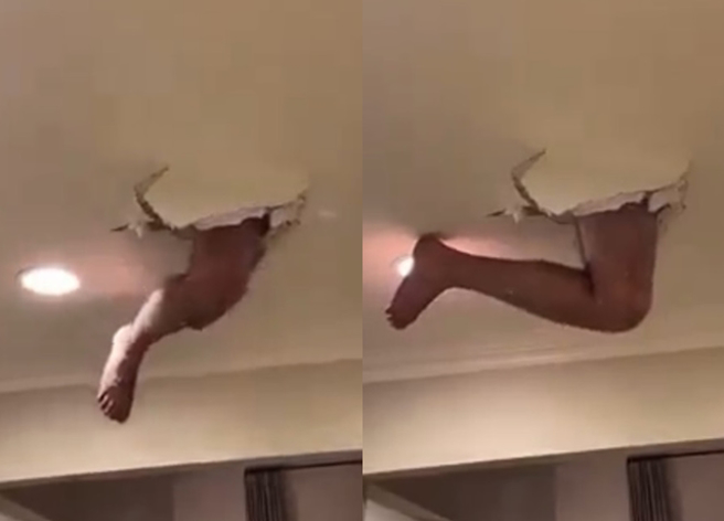 男子一家人正在用餐，没想到楼上住户竟一脚踩破他家的天花板。（翻摄自脸书社团爆废公社二馆）
