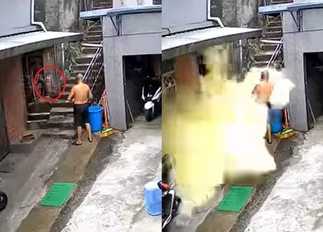 基隆1名阿伯在清洗物品時，突然一旁的滅火器自爆，他瞬間被黃色粉塵淹沒，所幸未受傷。（翻攝自基隆市議員張秉鈞臉書粉專）