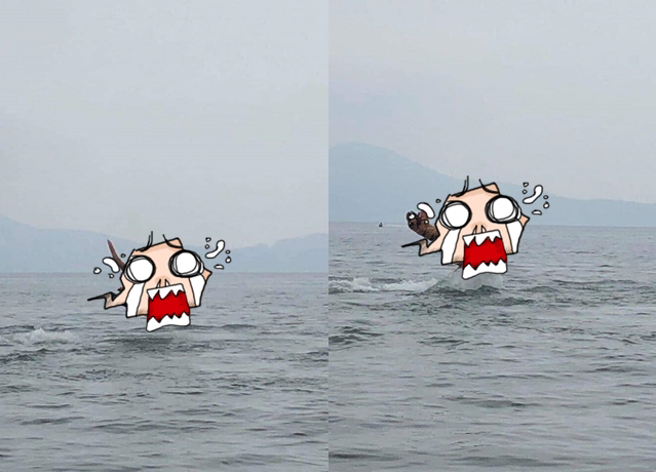 男子拍下穿恐龍裝的民眾騎水上摩特車表演特技，精湛的動作也讓網友相當佩服。（翻攝自臉書爆廢公社二館）