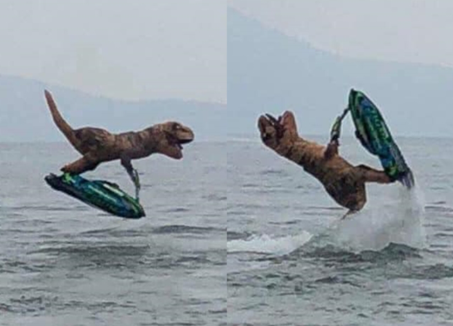 男子拍下穿恐龍裝的民眾騎水上摩特車表演特技，精湛的動作也讓網友相當佩服。（翻攝自臉書爆廢公社二館）