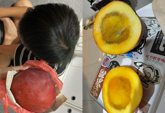 她在垦丁买1颗400元的芒果，回家见这画面，超傻眼。（图／爆料公社）