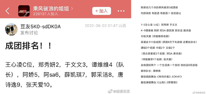 网上流出《乘风破浪》总决赛第一到第十名名单。（图／翻摄自南都娱乐微博）