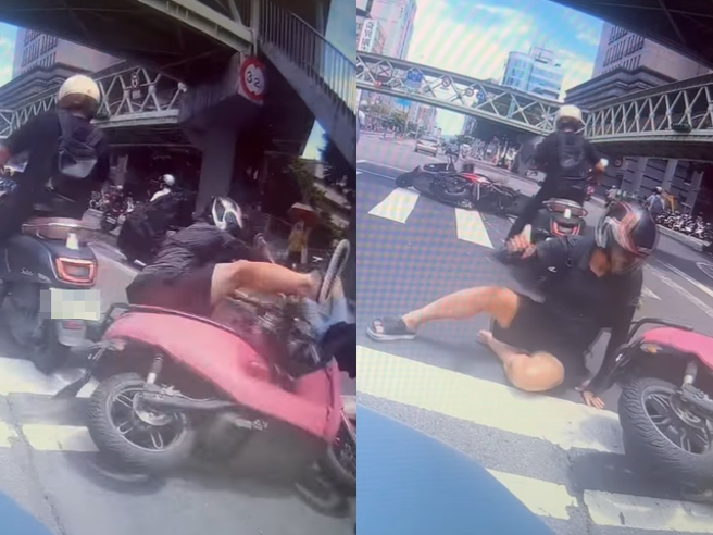 北市上月30號下午1時發生4輛機車追撞翻倒的事故，影片中1名騎士在號誌「黃燈」時急煞停在等候區，沒想到後方機車接連撞上，一共4車倒地。（翻攝自臉書「爆料公社二社」）