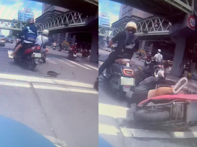 北市上月30號下午1時發生4輛機車追撞翻倒的事故，影片中1名騎士在號誌「黃燈」時急煞停在等候區，沒想到後方機車接連撞上，一共4車倒地。（翻攝自臉書「爆料公社二社」）