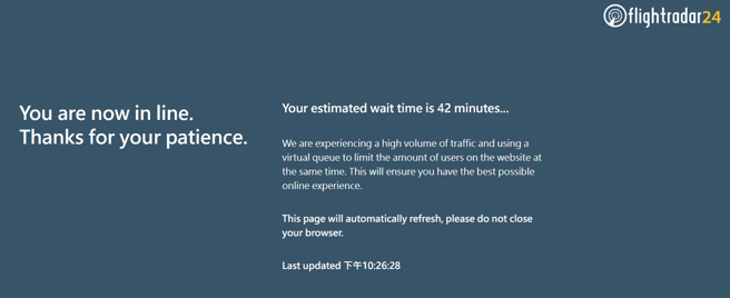 全球50萬人同步湧入即時航班飛行資訊網Flightradar24，目前大癱瘓。(圖/截自Flightradar24網站)