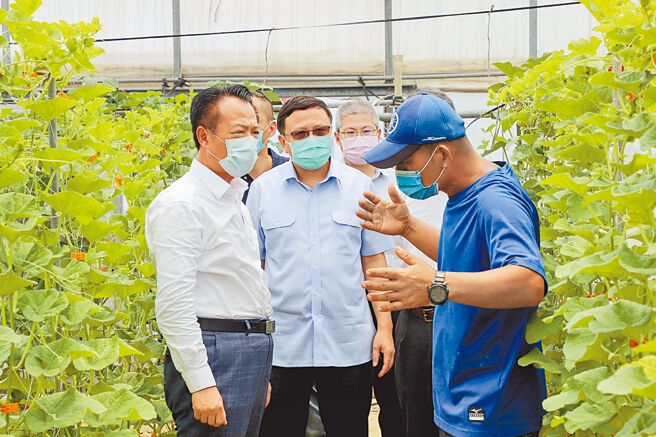 嘉義縣長翁章梁昨天會同警察局長陳明君、農業處長許彰敏等人前往慰問謝姓農民，了解美濃瓜竊案，謝姓農民大吐苦水直說損失慘重。（嘉義縣政府提供／呂妍庭嘉義傳真）