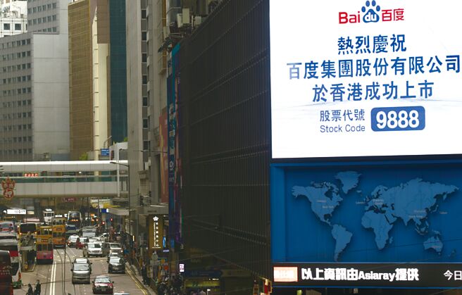 易会满表明，要进一步推动提升香港市场承接大陆企业上市能力，支持香港巩固国际金融中心地位，促进陆港两地市场协调发展。图为庆祝百度于香港上市广告。（中新社）