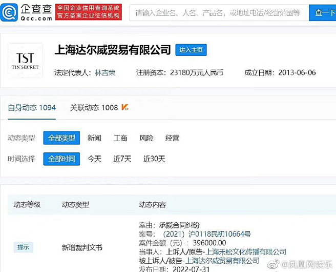 張庭旗下公司傳出被告。（圖／翻攝自鳳凰網娛樂微博）